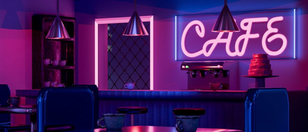 Neon lit cafe with empty tables and chairs.