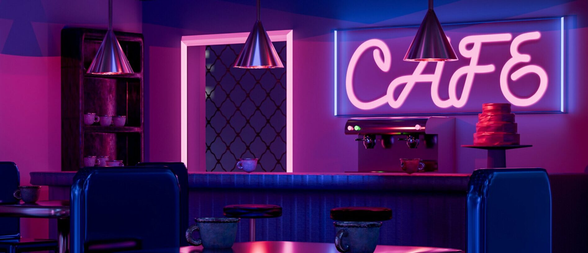 Neon lit cafe with empty tables and chairs.